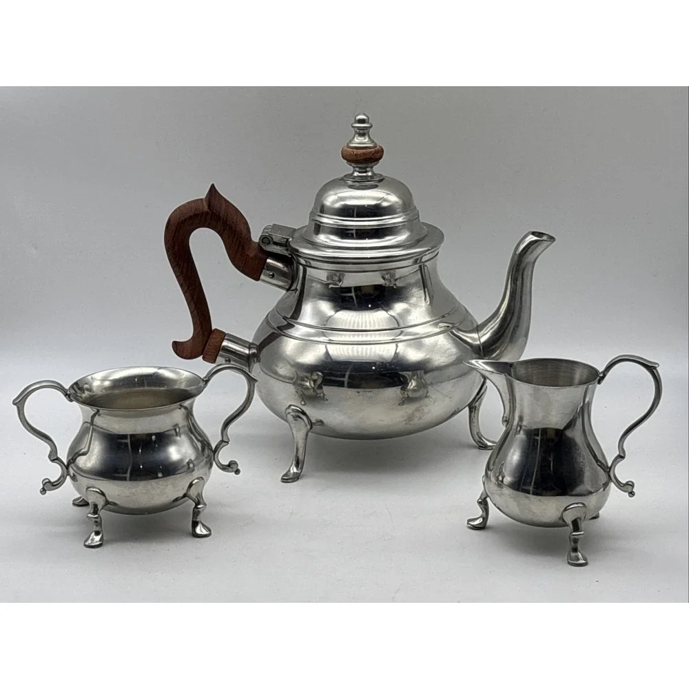 Vtg Williamsburg Kirk Stieff Pewter 3pc Set Tea/Coffee Pot Creamer Sugar Service